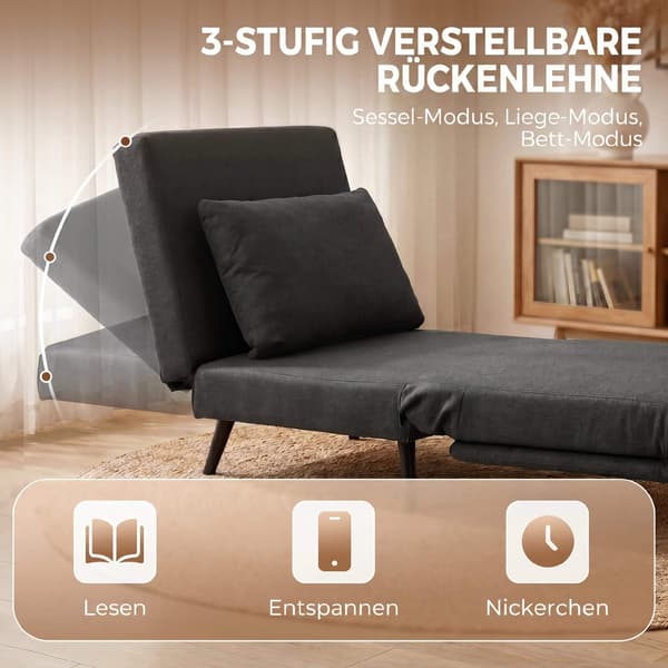 Sovesofa, 3-i-1 udfoldelig sengeseng i linnedlook, mørkegrå