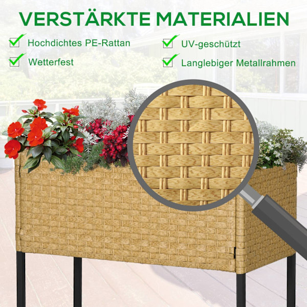 Højbed Polyrattan Blomsterkasse Med Fødder Og Hylde, Sand, 70 X 30 X 72 Cm