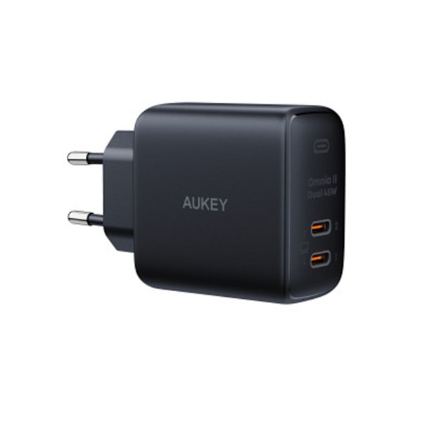 AUKEY Omnia II Vægoplader 2xUSB-C PD, GaN, 45W - Sort