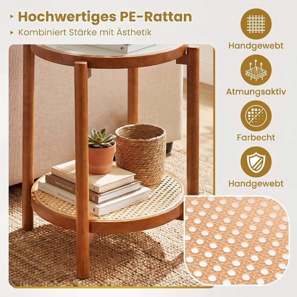 Boho sidebord i 2 niveauer med hærdet glasplade, valnød
