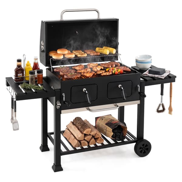 Stor kulgrill med klapborde og termometer