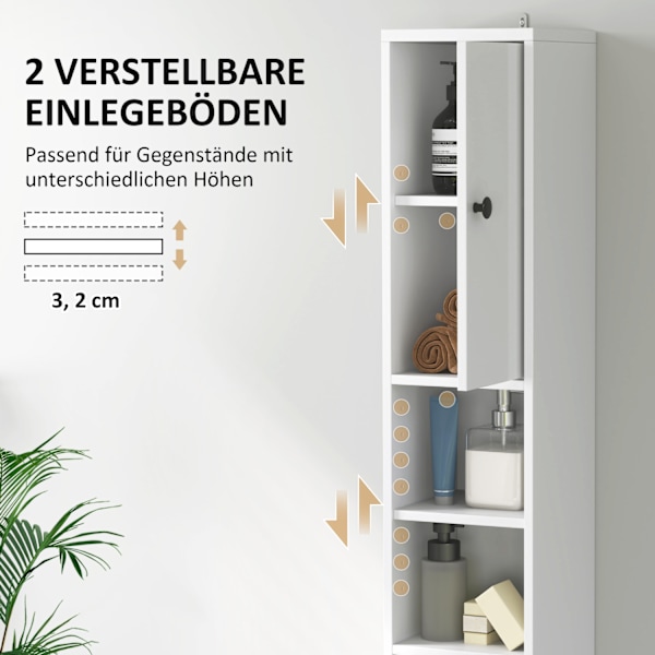 Smalt badeværelsesskab, højt toiletskab med skuffe, 3 åbne rum, justerbar hylde, badeværelsesskab til små værelser, badeværelse, stue 20 x 20 x 178 cm