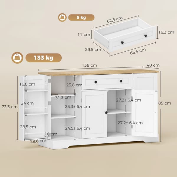 Køkkenskænk, 4 døre, skuffe, 138 cm, hvid