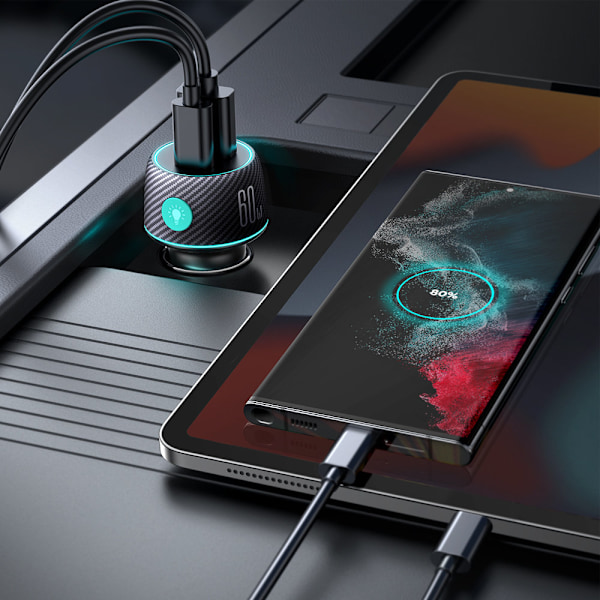 60W PD USB-C USB-A biloplader, sort