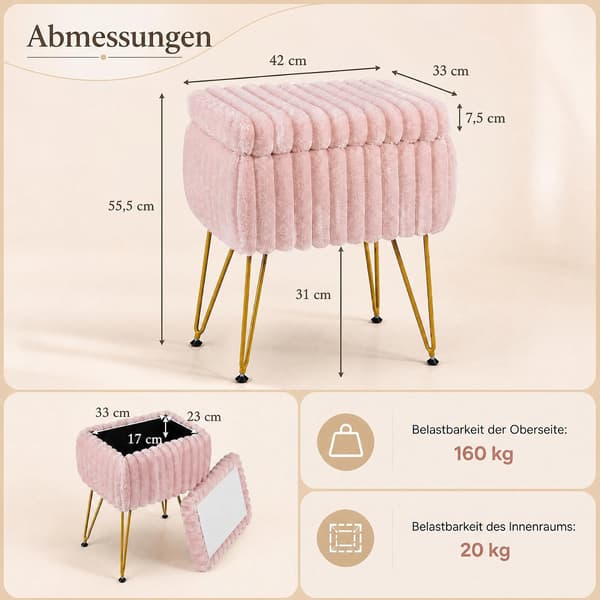 Pink imiteret pels sminkeskammel med opbevaring og vendbart låg