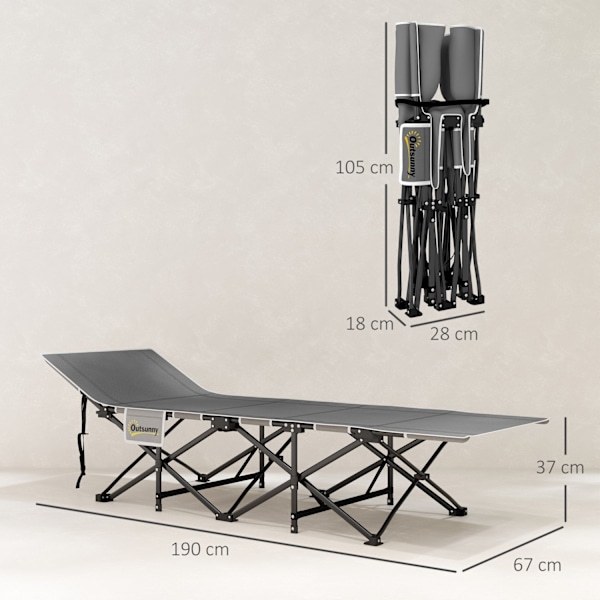 Hopfällbar campingsäng, tältsäng med sidficka, madrass, halkfri gästsäng, rymmer upp till 150 kg, utomhus Oxford, svart, 190 x 67 x 37 cm