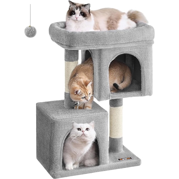 Kattträd på flera nivåer med stor abborre och 2 mysiga grottor