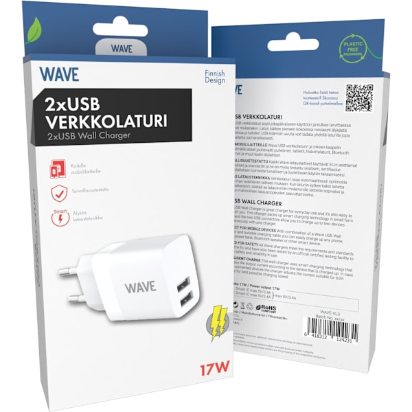 Wave verkkolaturi 2 x USB, 17W, valkoinen