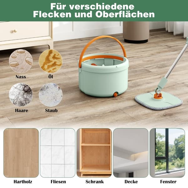 Flad gulvmoppe og spandsystem, 4 l, 360 graders rotation, grøn