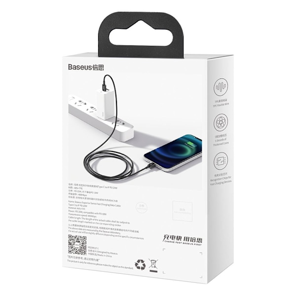 Ylivoimainen USB-C Iphone Lightning -kaapeli nopeaan lataukseen 20 W 1m musta