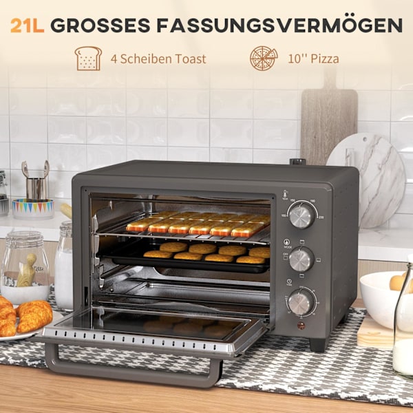 Miniuuni 21L 1400W 60 min Ajastin, pieni uuni 100°C-230°C säädettävällä lämpötilalla, miniuuni uunipellillä, ritilä, pöytäuuni ruostumatonta terästä,