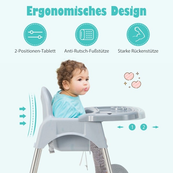 4 i 1 baby høj stol lavet af PP og rustfrit stål høj stol konvertibel med aftagelig dobbelt bakke grå