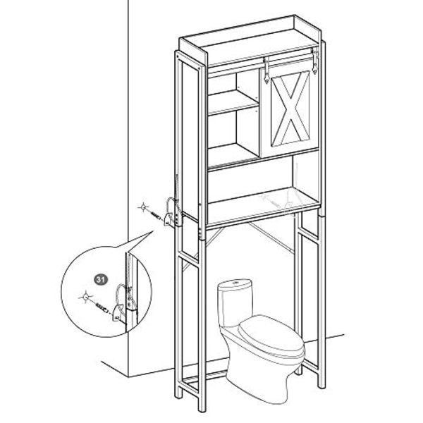 Tilaa säästävä yli-wc-teline hyllyillä ja kaapilla