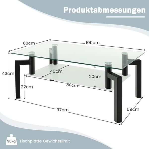 Glas sofabord – 2-lags, hærdet glas, sort stel