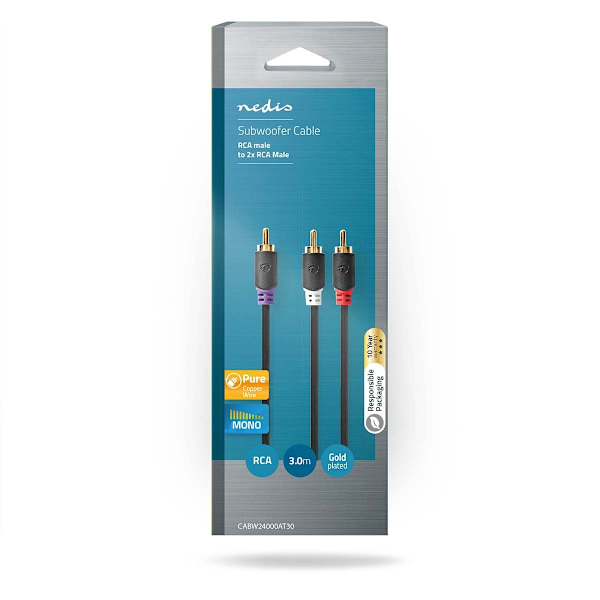 Subwoofer kabel | RCA Hanstik | 2x RCA Hanstik | Guldplateret | 3.00 m | Runde | 4.0 mm | Antracit | Box