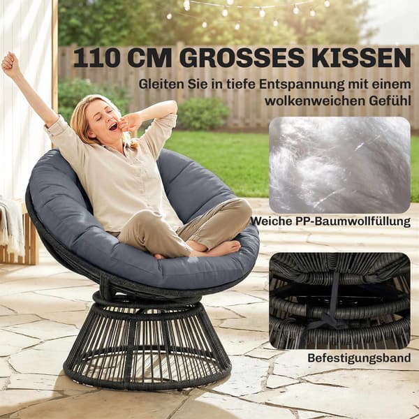 Roterende Papasan-stol med hynde, stålramme, grå