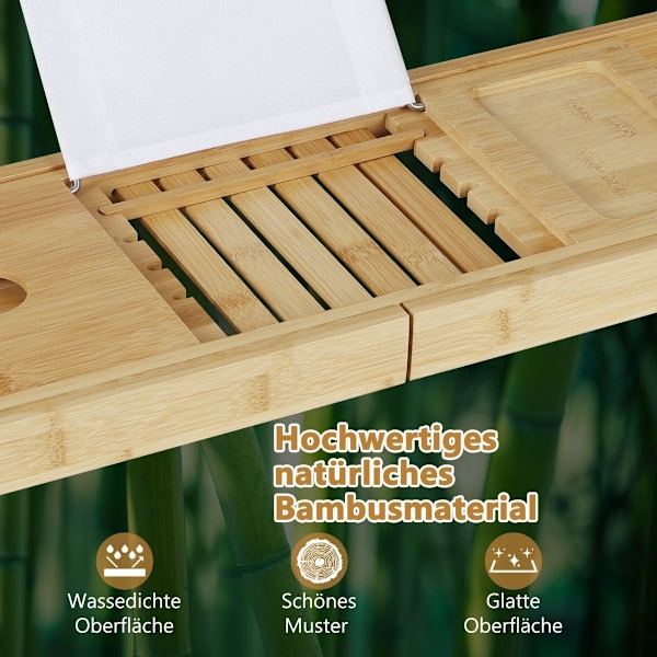 Bambu kylpylaudat jatkettava kylpyhylly säädettävällä kirjatelineellä 70,5-105 x 22 x 4 cm luonnollinen