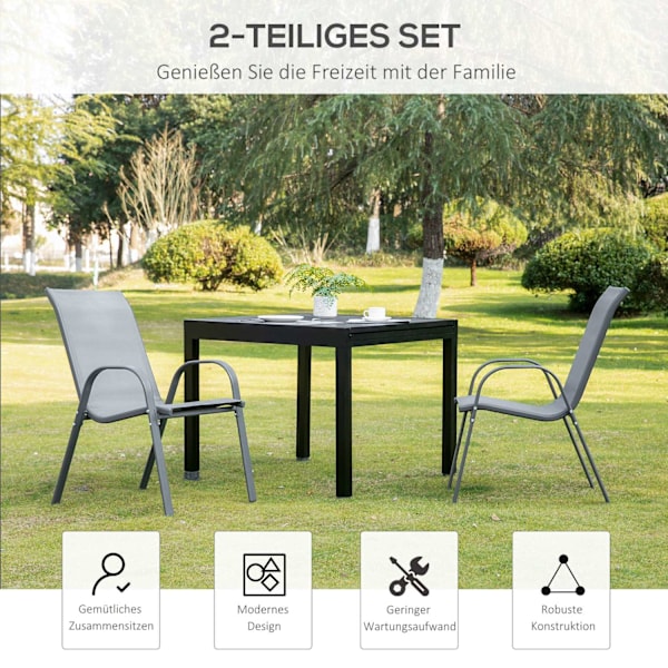 Sæt med 2 havestole stabelstole med armlæn metalnet stof grå 70x54x90cm til terrasse- og havemøbler