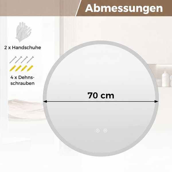 Rund LED-badrumsspegel, 70 cm, imfri, 3 ljusfärger