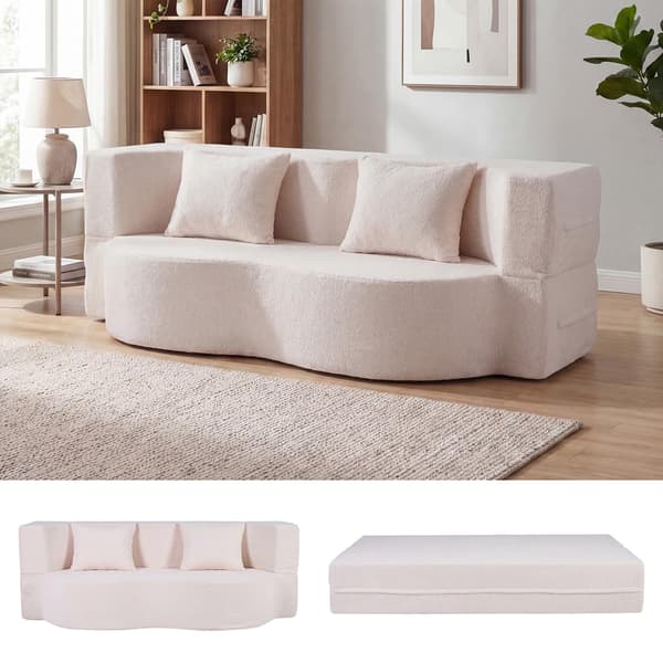 Hopfällbar bäddsoffa 192,5 cm, teddyfleece, 2 kuddar