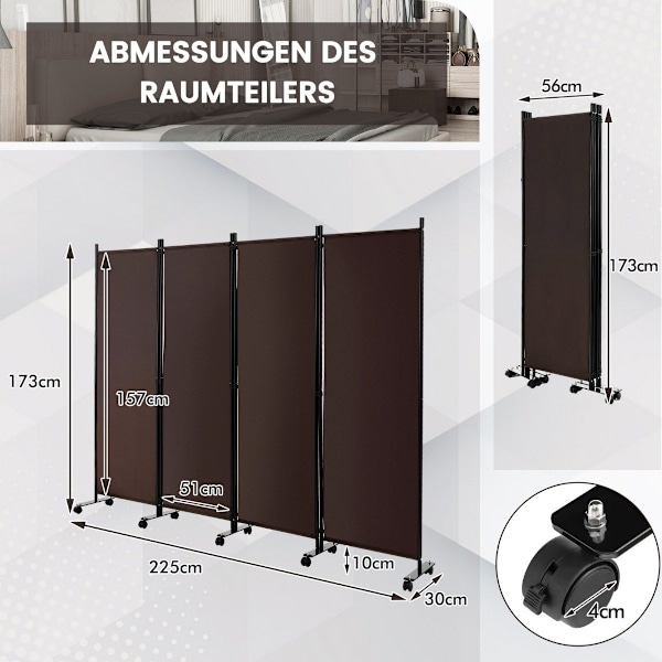 Rumsavdelare med 4 paneler på hjul 173 cm hög rullbar sekretessskärm Brun