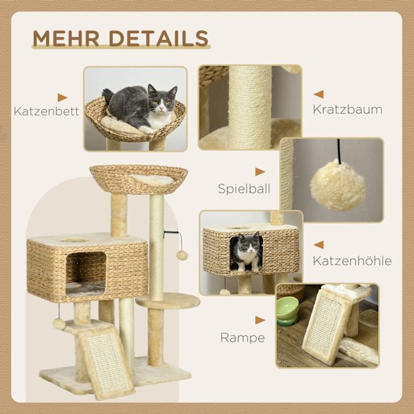Kattekradsestolpe 98 cm kattetræ med 2 liggeflader, kattekradsestolpe legebold til katte op til 6 kg, kattemøbel, sisal, beige