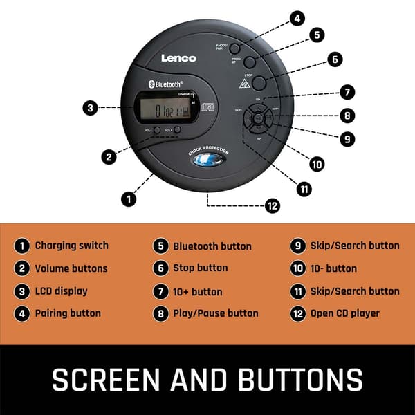 Bærbar Bluetooth® CD-MP3-afspiller med antishock Sort