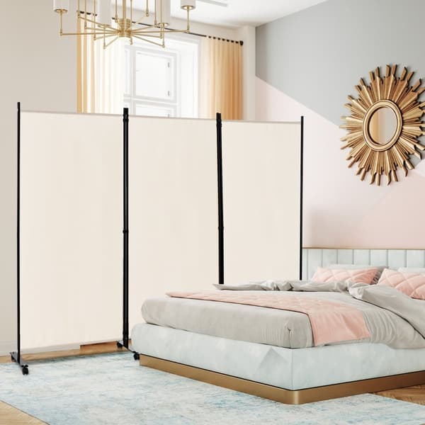 Rumdeler med hjul, 3 paneler, foldbar, beige, 180 cm