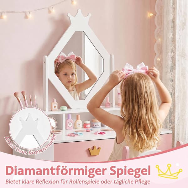 Barnmöbelset med kronspegel och stol – Vitt och rosa