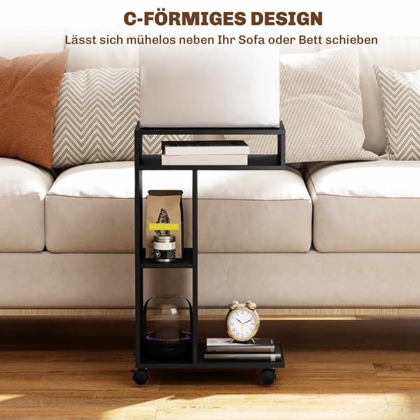 C-formet sidebord med hjul, 3 hylder, 40x30x69 cm, sort