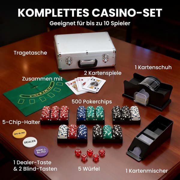 Pokersæt med 500 chips, 2 sæt kort, terninger og etui til 10 spillere