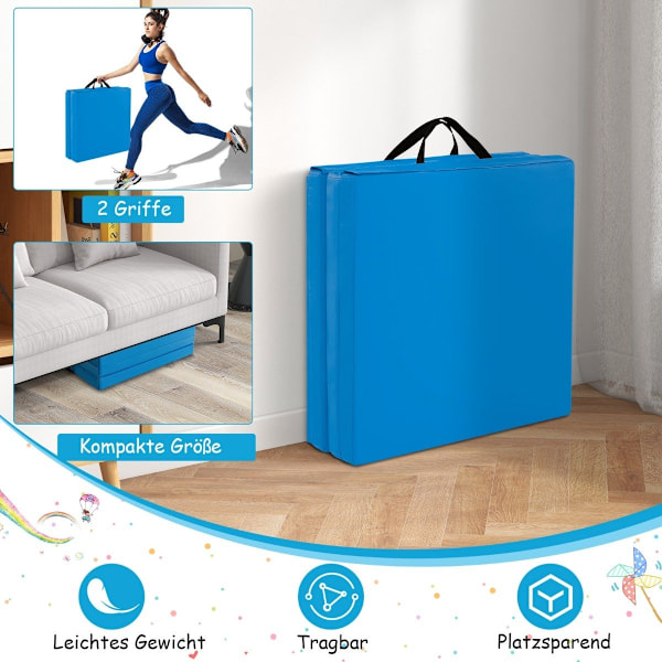 Sammenfoldelig blød gulvmåtte med 2 håndtag Skridsikker gymnastikmåtte 180 x 60 x 5 cm Blå