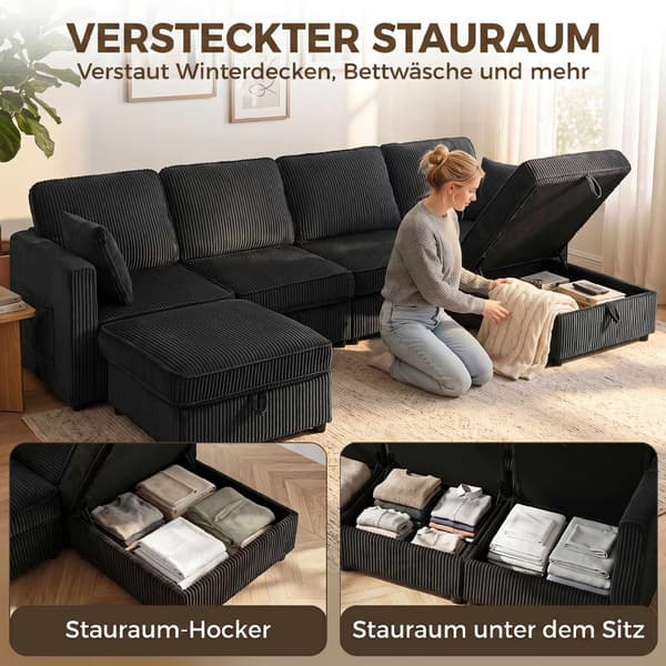 4-sits U-formad manchestersoffa med förvaringsfotpall