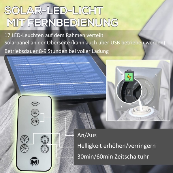 Gazebo 3,3X3,3M Kokoontaitettava Huvimaja Led Usb Pop-Up Mesh Sivuseinät Aurinkosuojalaukku Oxford Grey