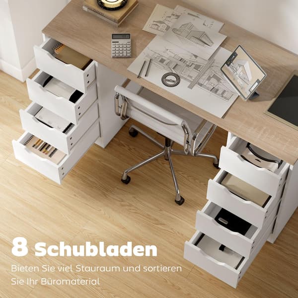 140 cm computerbord, 8 skuffer, stål og træ, hvid