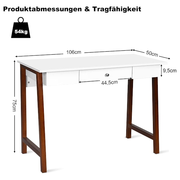 Skrivebord med skuffe, computerbord, gummibordsben, toiletbord, kontorbord, brun