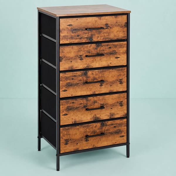 Industriel sort kommode med 5 stofskuffer, 94x45x30 cm