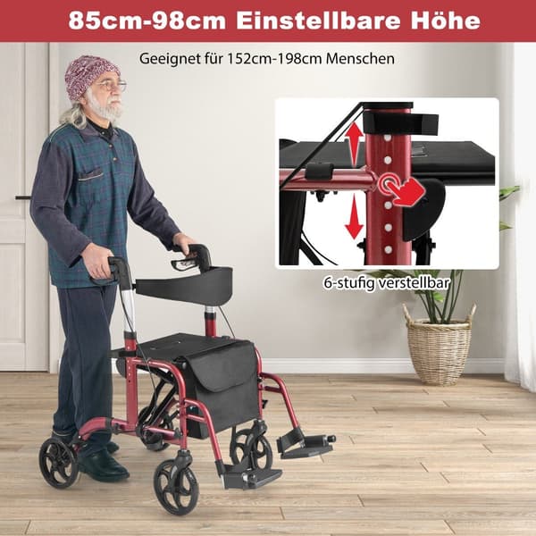 Let foldbar rollator og kørestol 2-i-1, rød