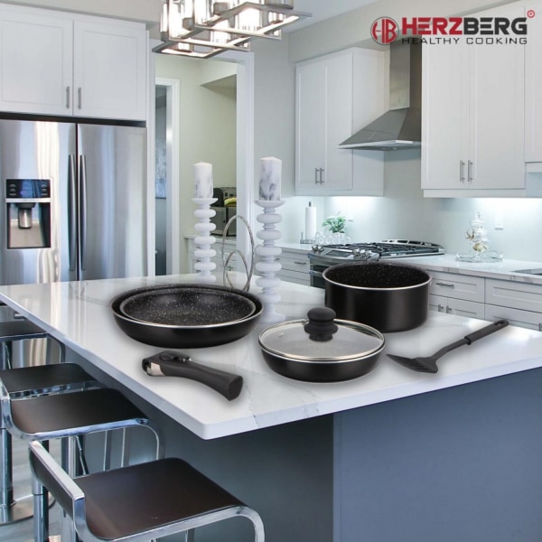 Herzberg HG-8090-7BK: 7-osainen marmoripäällysteinen keittoastiasarja