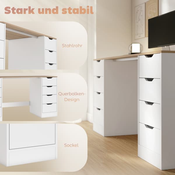 140 cm computerbord, 8 skuffer, stål og træ, hvid