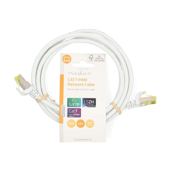 CAT7 nätverkskabel | S/FTP | RJ45 hane | RJ45 hane | 2.00 m | Snagless | Rund | LSZH | Vit | Label