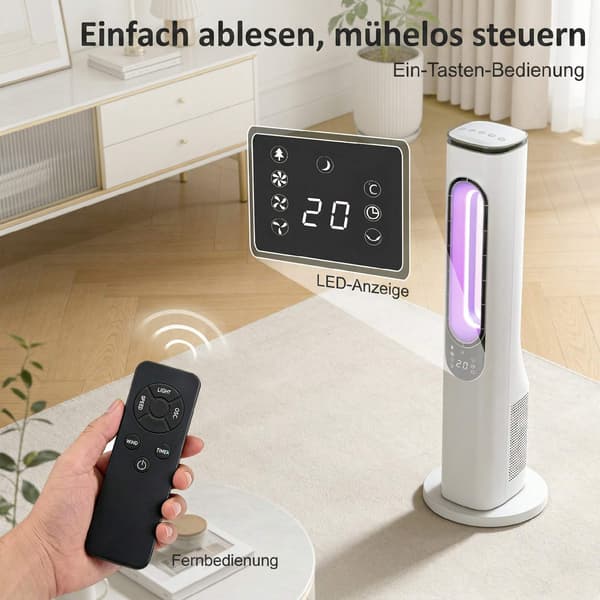 Bladløs tårnventilator med 15-timers timer, støjsvag 35 dB, hvid