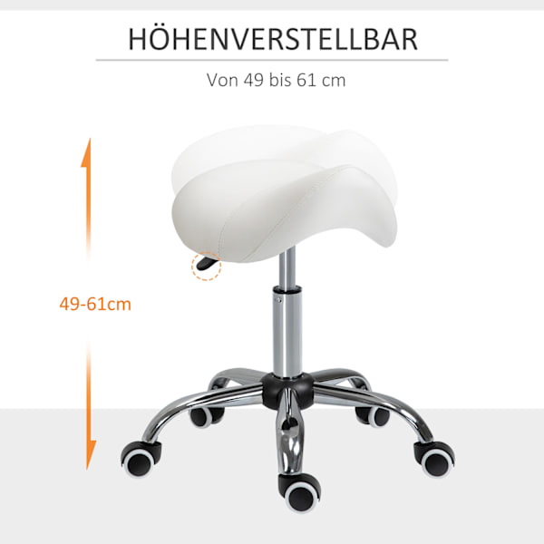 Rullpall, höj- och sänkbar, sadelpall, arbetspall, vadderad, vit