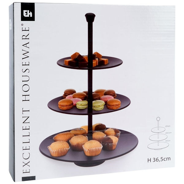 Musta kakkulautanen kolmella tasolla muffineille ja jälkiruokille