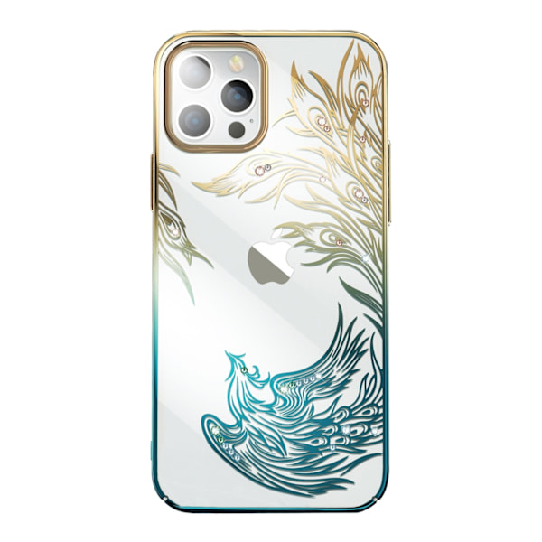 Lyxigt iPhone 14 Plus-fodral med Phoenix-seriens kristaller, guld och blått