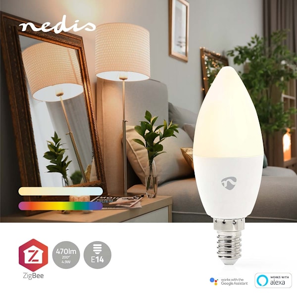 SmartLife Fuld Farve Pære | Zigbee 3.0 | E14 | 470 lm | 4.9 W | RGB / Varm til kølig hvid | 2200 - 6500 K | Android™ / IOS | Stearinlys | 1 stk.