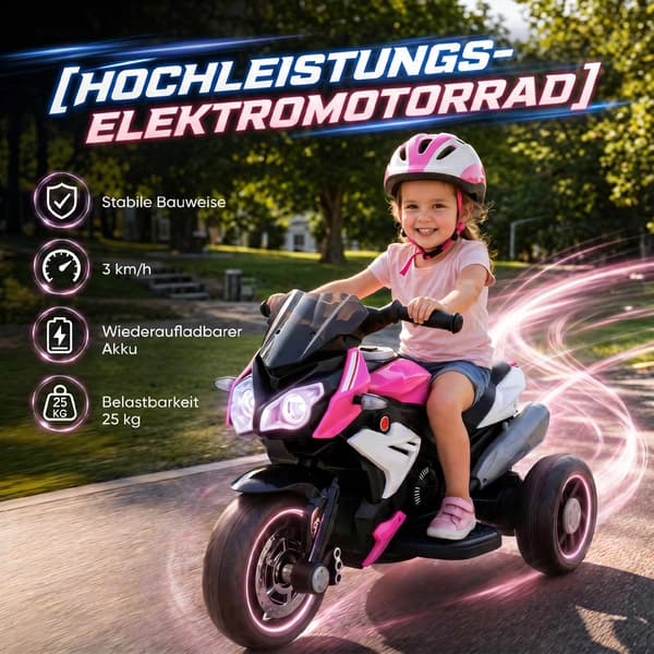 Elmotorcykel til børn, lys og lyde, 3 km/t, lyserød/hvid