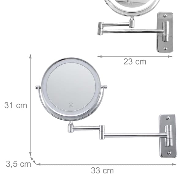Väggmonterad LED-spegel, 10x förstoringsglas, silver