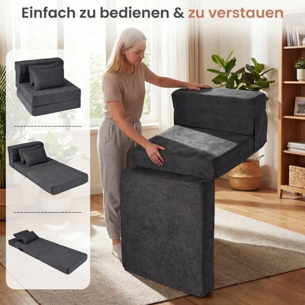 Konvertibel 3-i-1 Chenille sovesofa med 2 hynder, grå