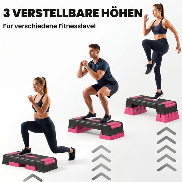 Justerbar aerobisk stepplatform, 3 højder, sort/lyserød